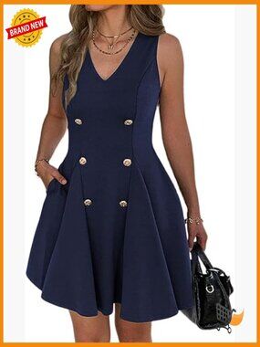 Work Dresses for Women Summer Business V Neck Sleeveless Buttons Short Flare